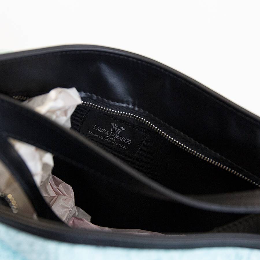 Laura Di Maggio VENICE – Zaino/borsa in pelle e tessuto azzurro Soddisfazione Garantita