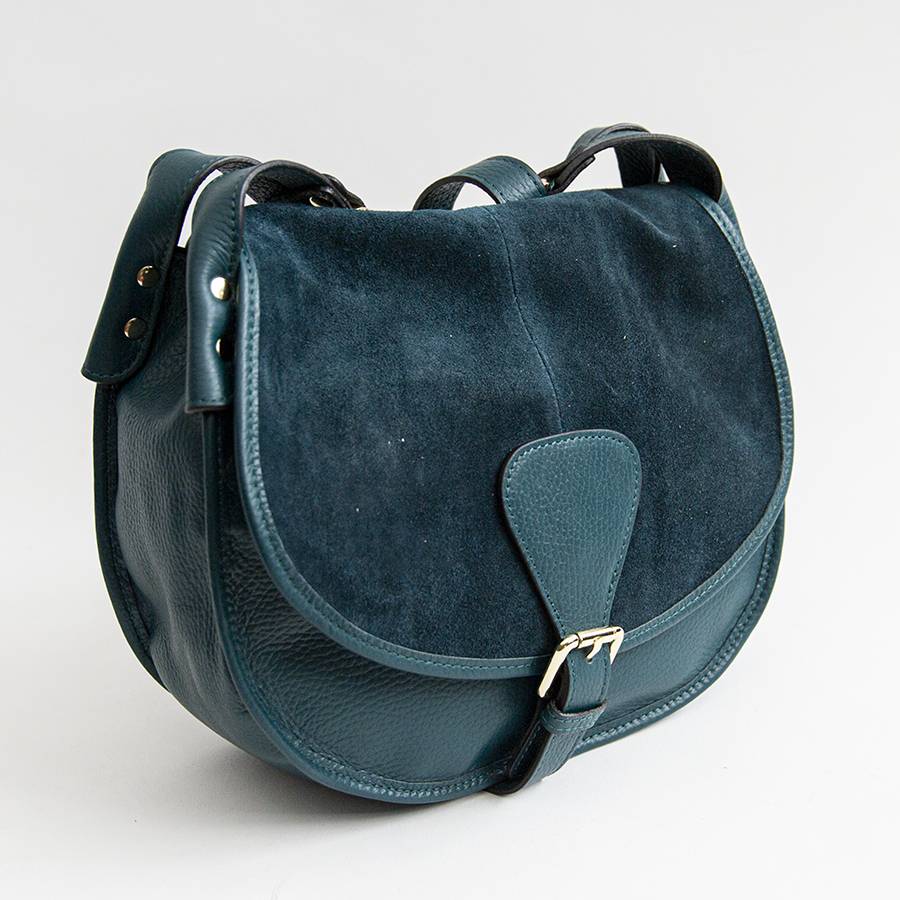 Laura Di Maggio SADDLE – postina in pelle e camoscio petrolio Vendita calda