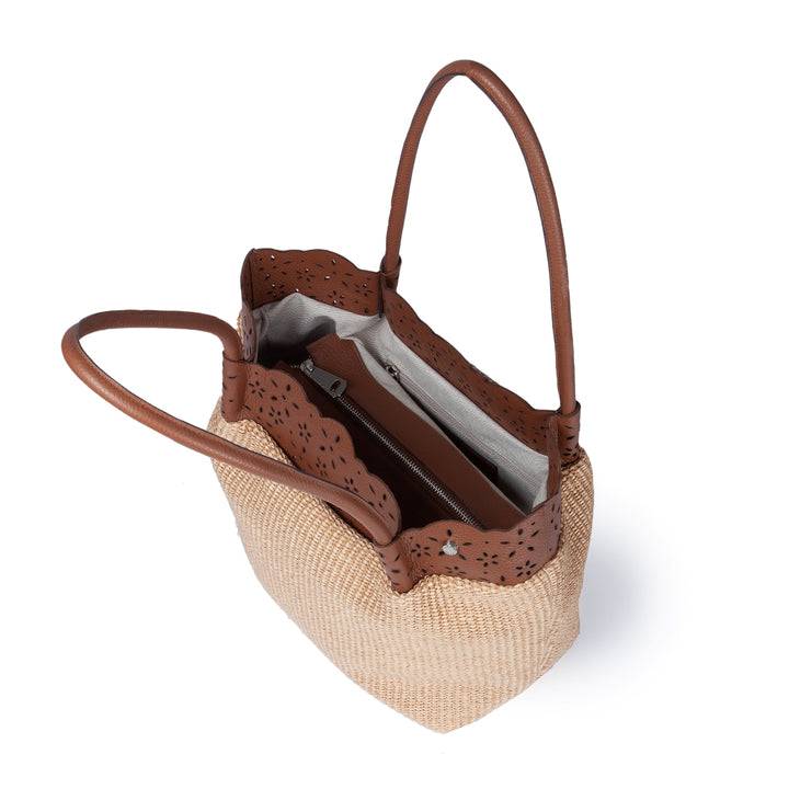 Roberta Gandolfi Diletta Shopping - Tote in rafia con balza in pelle laserata con tracolla staccabile Qualità