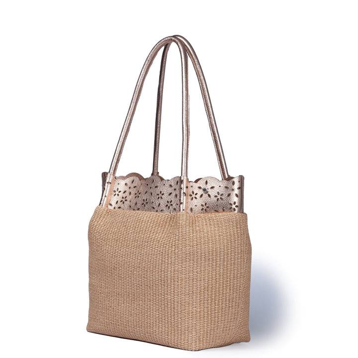 Roberta Gandolfi Diletta Shopping - Tote in rafia con balza in pelle laserata con tracolla staccabile Pezzi Unici