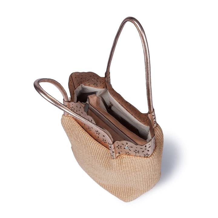 Roberta Gandolfi Diletta Shopping - Tote in rafia con balza in pelle laserata con tracolla staccabile Pezzi Unici