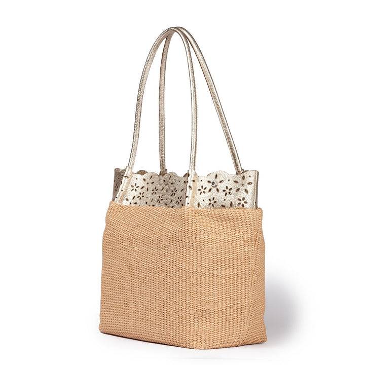 Roberta Gandolfi Diletta Shopping - Tote in rafia con balza in pelle laserata con tracolla staccabile Acquista Ora