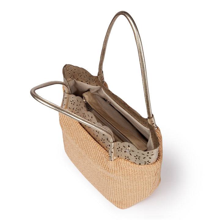 Roberta Gandolfi Diletta Shopping - Tote in rafia con balza in pelle laserata con tracolla staccabile Acquista Ora