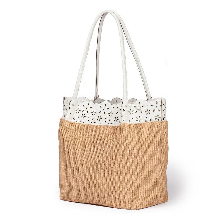 Roberta Gandolfi Diletta Shopping - Tote in rafia con balza in pelle laserata con tracolla staccabile Sottocosto
