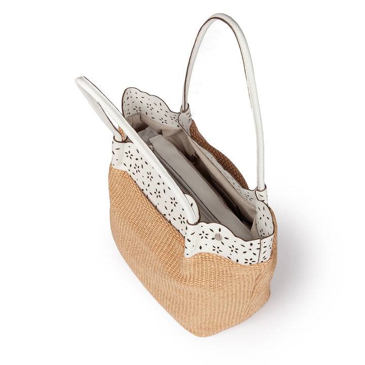 Roberta Gandolfi Diletta Shopping - Tote in rafia con balza in pelle laserata con tracolla staccabile Sottocosto