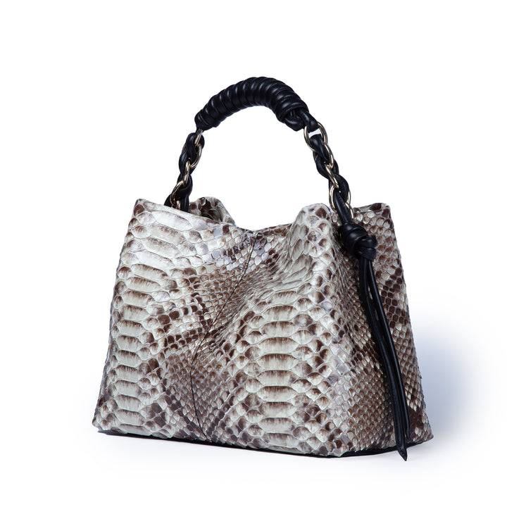 Roberta Gandolfi Amina Pitone small borsa a mano in pitone con finiture in pelle manico tubolare fasciato e tracolla staccabile In Vendita