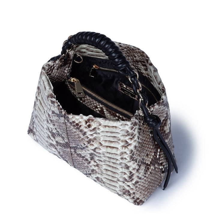 Roberta Gandolfi Amina Pitone small borsa a mano in pitone con finiture in pelle manico tubolare fasciato e tracolla staccabile In Vendita