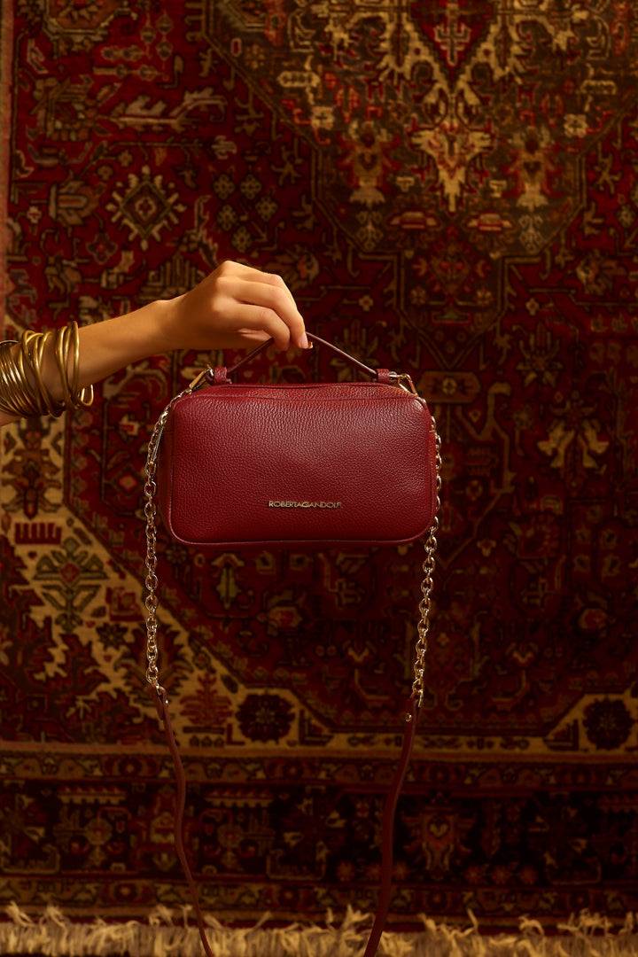 Roberta Gandolfi Brigida camera borsa in pelle con doppio scomparto e tracolla in catena dorata con spallaccio protettivo in pelle Novità