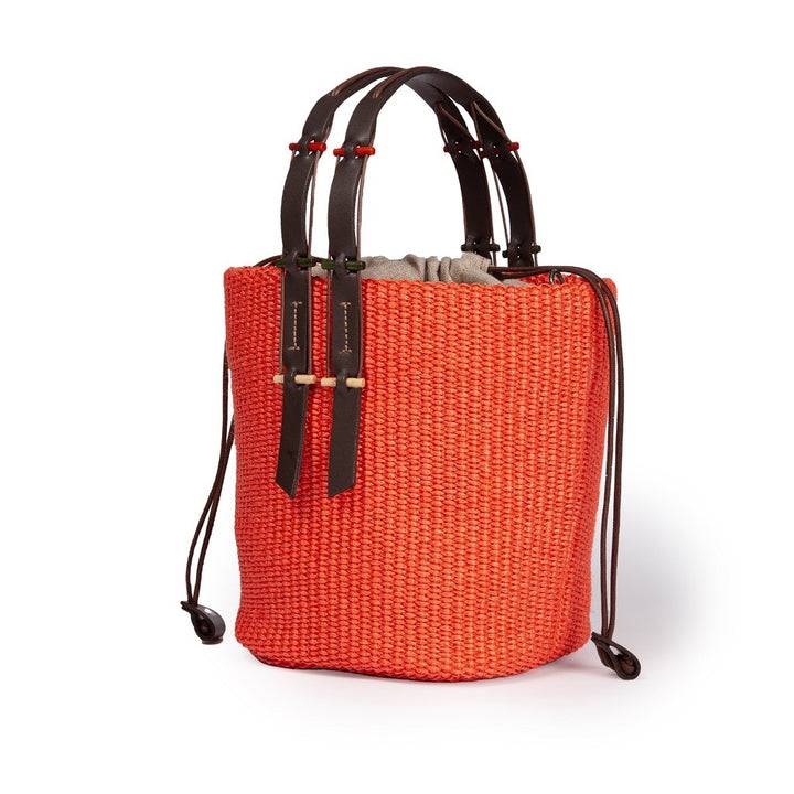 Roberta Gandolfi Fernanda Bucket in rafia con finiture in pelle di vitello con tracolla staccabile Sottocosto