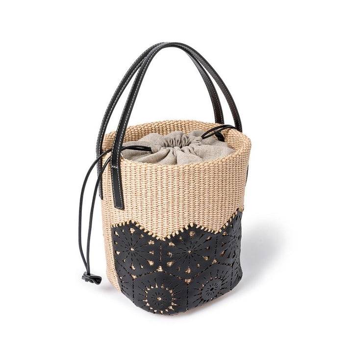 Roberta Gandolfi Giulia Bucket in rafia e pelle il pannello tagliato al laser è interamente cucito a mano con tracolla staccabile Vendita Calda