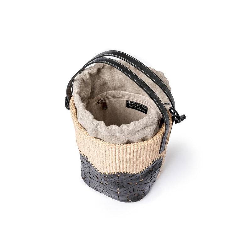 Roberta Gandolfi Giulia Bucket in rafia e pelle il pannello tagliato al laser è interamente cucito a mano con tracolla staccabile Vendita Calda