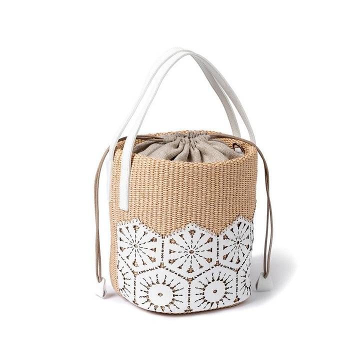 Roberta Gandolfi Giulia Bucket in rafia e pelle il pannello tagliato al laser è interamente cucito a mano con tracolla staccabile Vendita Economica