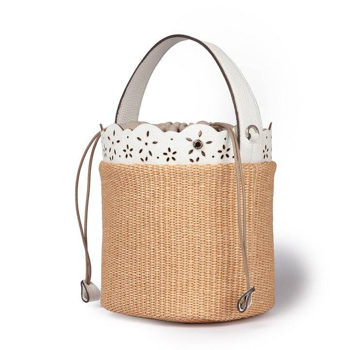 Roberta Gandolfi Diletta Bucket in rafia con balza in pelle laserata con tracolla staccabile Saldi Di Fabbrica