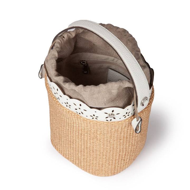 Roberta Gandolfi Diletta Bucket in rafia con balza in pelle laserata con tracolla staccabile Saldi Di Fabbrica