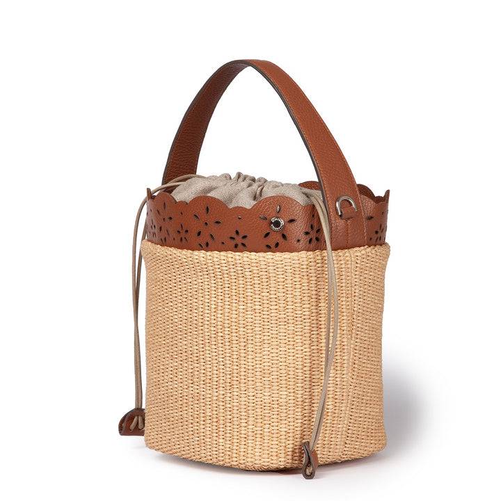 Roberta Gandolfi Diletta Bucket in rafia con balza in pelle laserata con tracolla staccabile I Più Venduti