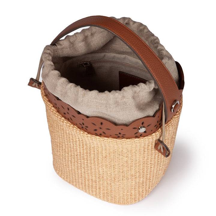 Roberta Gandolfi Diletta Bucket in rafia con balza in pelle laserata con tracolla staccabile I Più Venduti