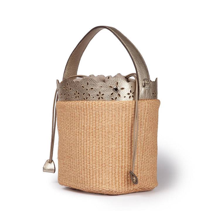 Roberta Gandolfi Diletta Bucket in rafia con balza in pelle laserata con tracolla staccabile Vendite Flash