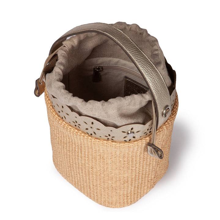 Roberta Gandolfi Diletta Bucket in rafia con balza in pelle laserata con tracolla staccabile Vendite Flash