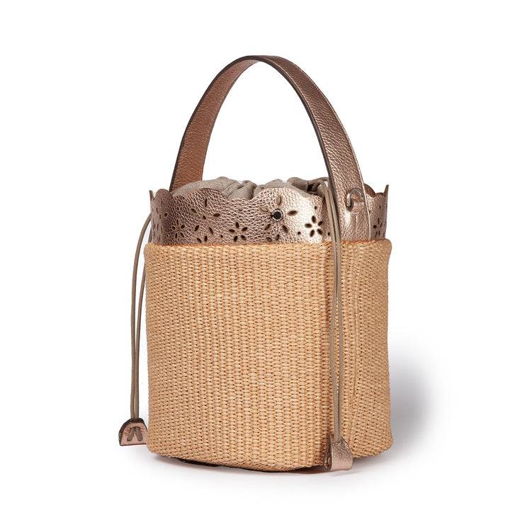 Roberta Gandolfi Diletta Bucket in rafia con balza in pelle laserata con tracolla staccabile Negozio