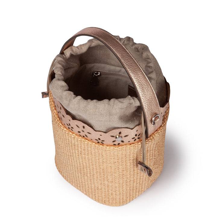 Roberta Gandolfi Diletta Bucket in rafia con balza in pelle laserata con tracolla staccabile Negozio