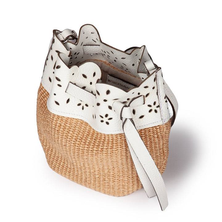 Roberta Gandolfi Diletta Mini Bucket in rafia con balza in pelle laserata con tracolla staccabile In Saldo