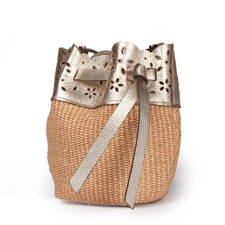 Roberta Gandolfi Diletta Mini Bucket in rafia con balza in pelle laserata con tracolla staccabile Nuova