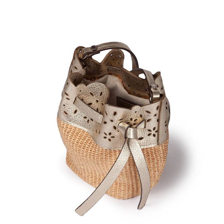 Roberta Gandolfi Diletta Mini Bucket in rafia con balza in pelle laserata con tracolla staccabile Nuova