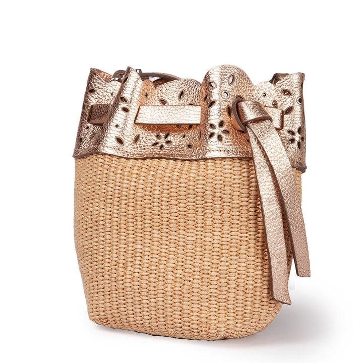 Roberta Gandolfi Diletta Mini Bucket in rafia con balza in pelle laserata con tracolla staccabile Moda