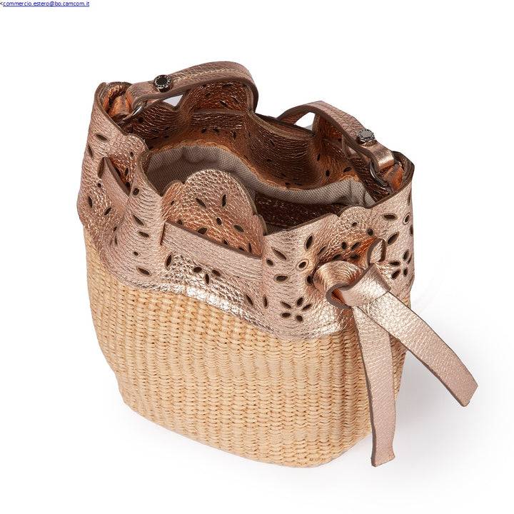 Roberta Gandolfi Diletta Mini Bucket in rafia con balza in pelle laserata con tracolla staccabile Moda