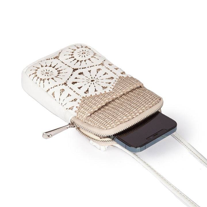 Roberta Gandolfi Giulia phone holder in rafia e pelle il pannello tagliato al laser è interamente cucito a mano con tracolla staccabile Online
