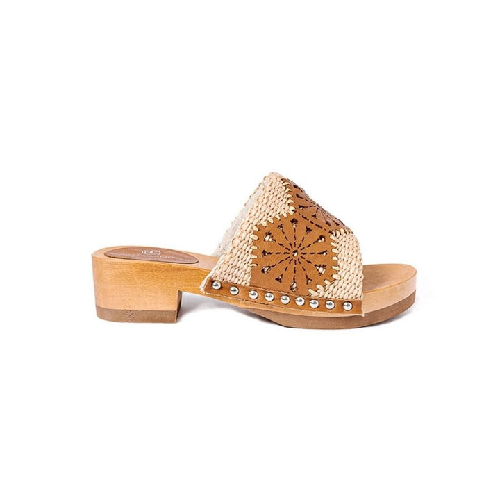 Roberta Gandolfi Sandalo Giulia platform in legno e tomaia in rafia e pelle di vitello laserata con disegno pizzo geometrico Vendita Calda