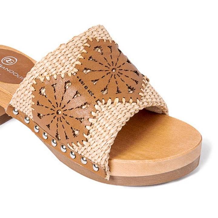 Roberta Gandolfi Sandalo Giulia platform in legno e tomaia in rafia e pelle di vitello laserata con disegno pizzo geometrico Vendita Calda