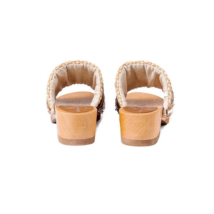 Roberta Gandolfi Sandalo Giulia platform in legno e tomaia in rafia e pelle di vitello laserata con disegno pizzo geometrico Vendita Calda