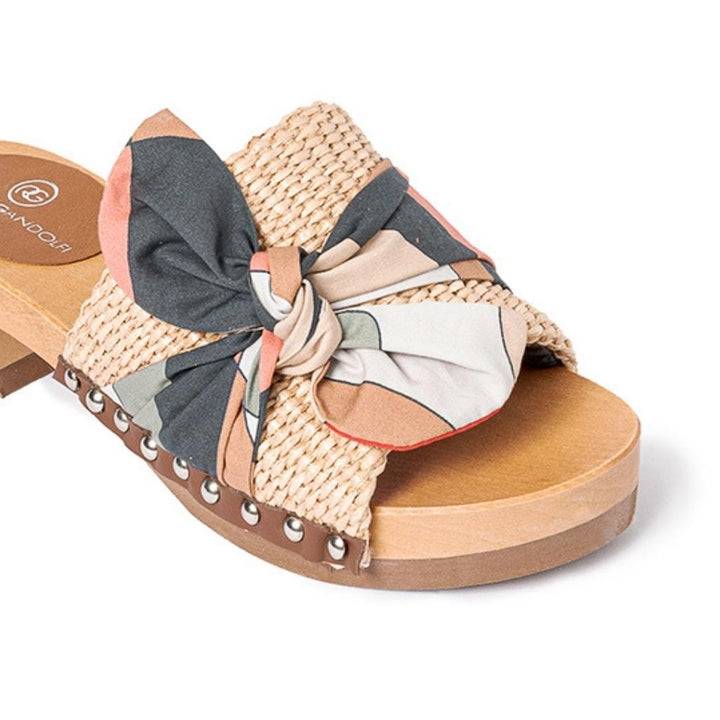 Roberta Gandolfi Lola Sixty sandali in legno con rafia e pelle di vitello con fiocco stampa sixty Vendita Economica