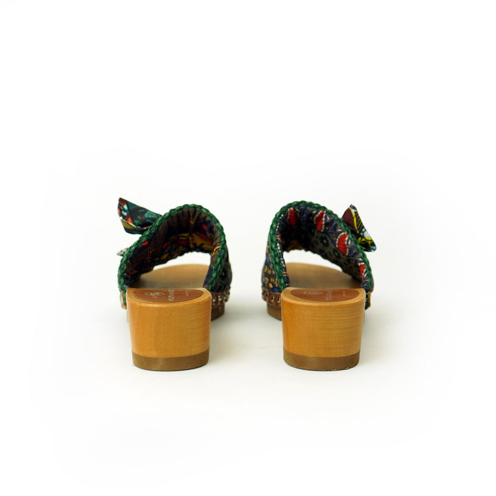 Roberta Gandolfi Lola Sabot sandali in legno con rafia e pelle di vitello con fiocco stampa african Saldi Di Fabbrica