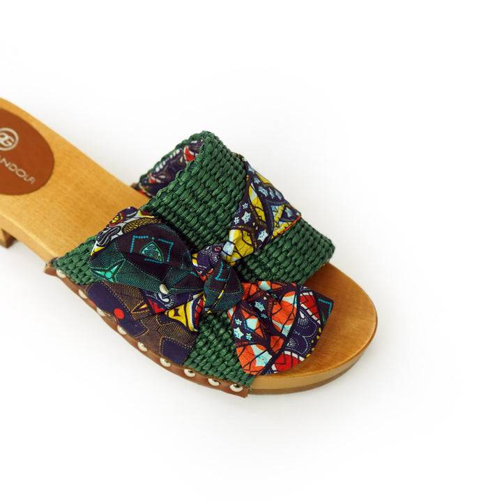 Roberta Gandolfi Lola Sabot sandali in legno con rafia e pelle di vitello con fiocco stampa african Saldi Di Fabbrica