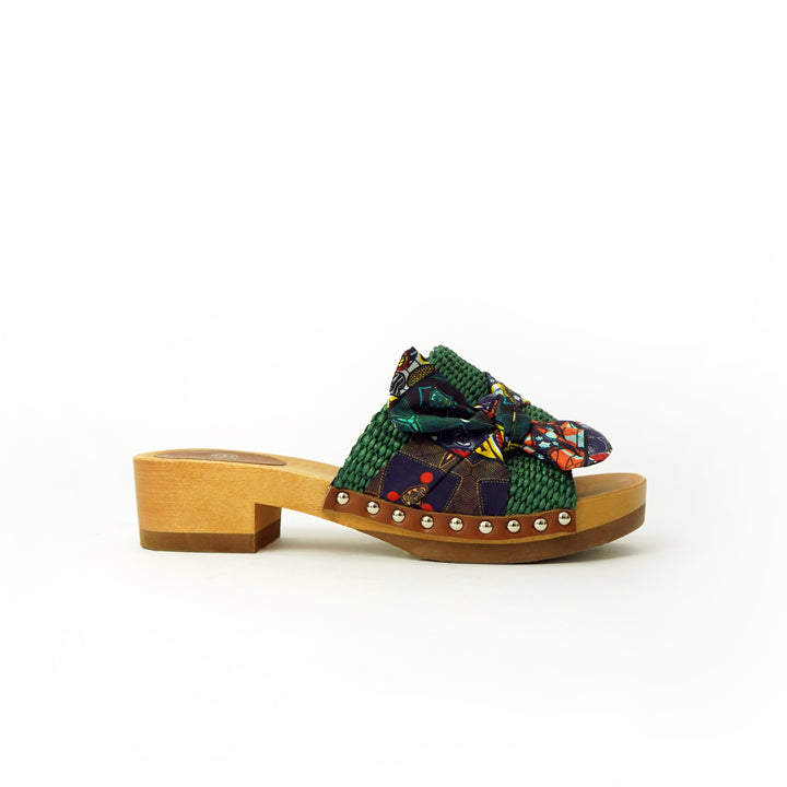 Roberta Gandolfi Lola Sabot sandali in legno con rafia e pelle di vitello con fiocco stampa african Saldi Di Fabbrica