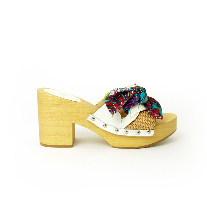 Roberta Gandolfi Diva Chain sandali in legno incrociato con platform in rafia e stampa fiocco tropical I Più Venduti