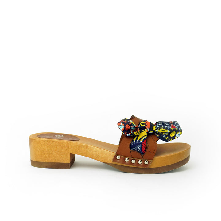 Roberta Gandolfi Lola Chain sandali in legno e pelle di vitello con fiocco stampa african Vendite Flash