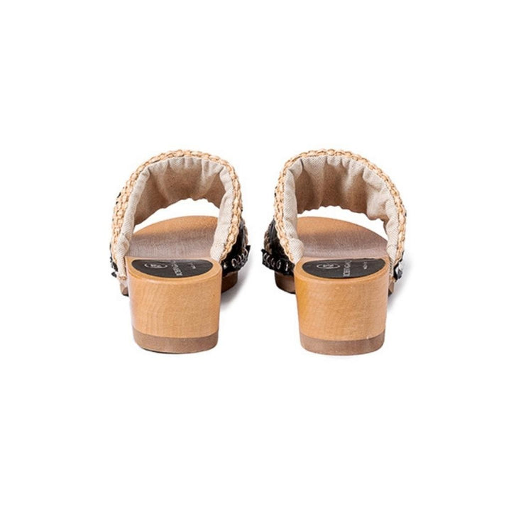 Roberta Gandolfi Sandalo Giulia platform in legno e tomaia in rafia e pelle di vitello laserata con disegno pizzo geometrico Negozio