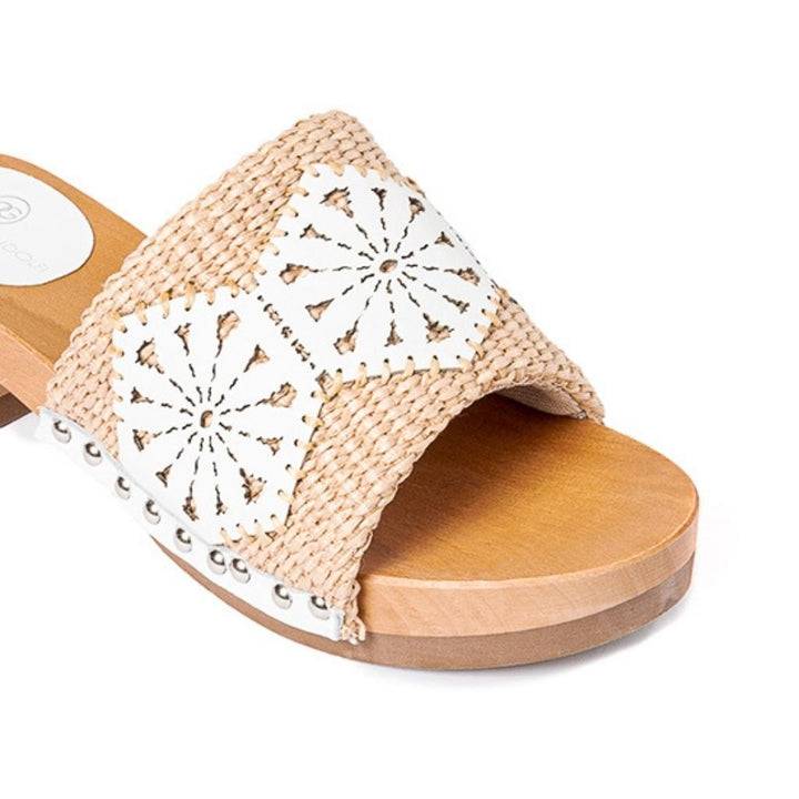 Roberta Gandolfi Sandalo Giulia platform in legno e tomaia in rafia e pelle di vitello laserata con disegno pizzo geometrico In Saldo