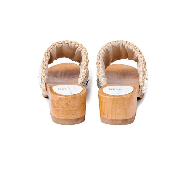 Roberta Gandolfi Sandalo Giulia platform in legno e tomaia in rafia e pelle di vitello laserata con disegno pizzo geometrico In Saldo