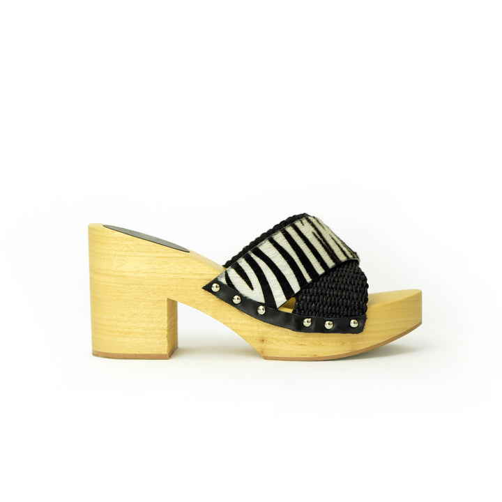 Roberta Gandolfi Diva Zebra sandali in legno incrociato con platform in rafia e pony stampa animalier Nuova