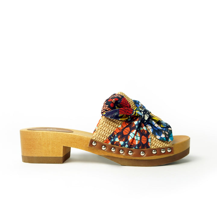 Roberta Gandolfi Lola Sabot sandali in legno con rafia e pelle di vitello con fiocco stampa african Italy