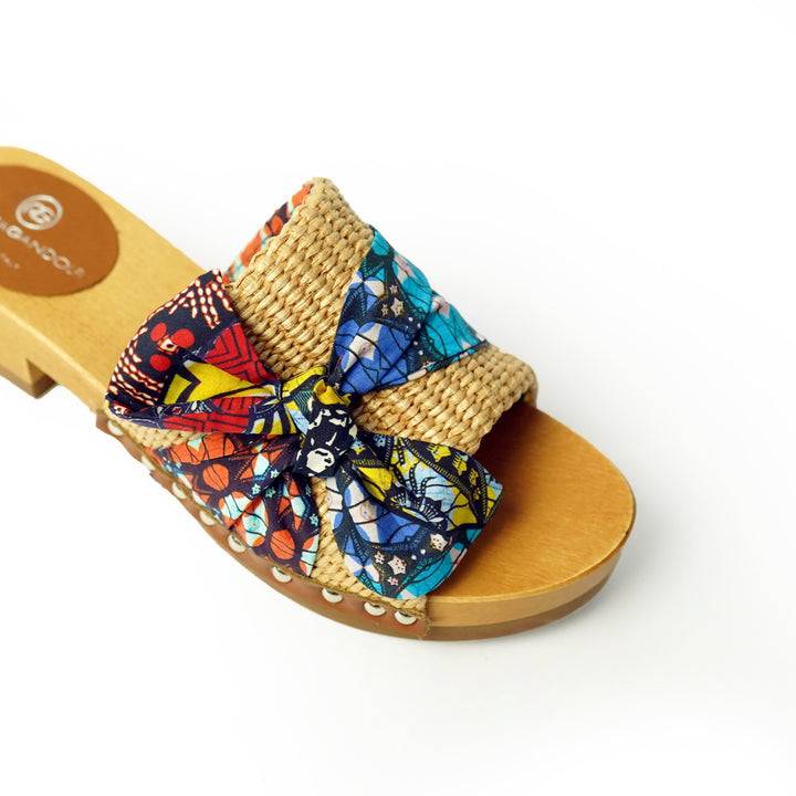 Roberta Gandolfi Lola Sabot sandali in legno con rafia e pelle di vitello con fiocco stampa african Italy