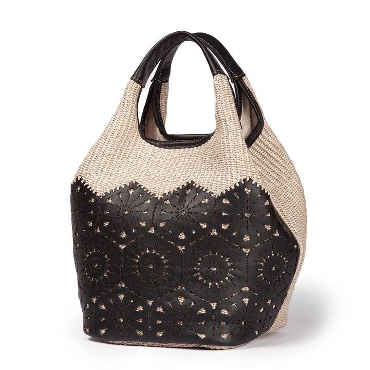 Roberta Gandolfi Giulia Handbag in rafia e pelle il pannello tagliato al laser è interamente cucito a mano con tracolla staccabile In Linea