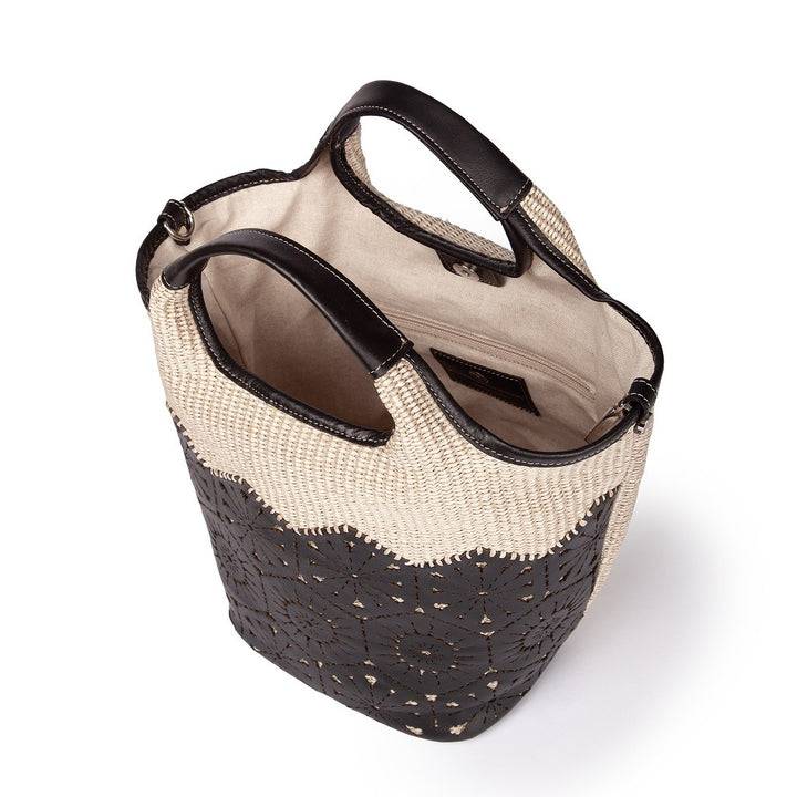 Roberta Gandolfi Giulia Handbag in rafia e pelle il pannello tagliato al laser è interamente cucito a mano con tracolla staccabile In Linea