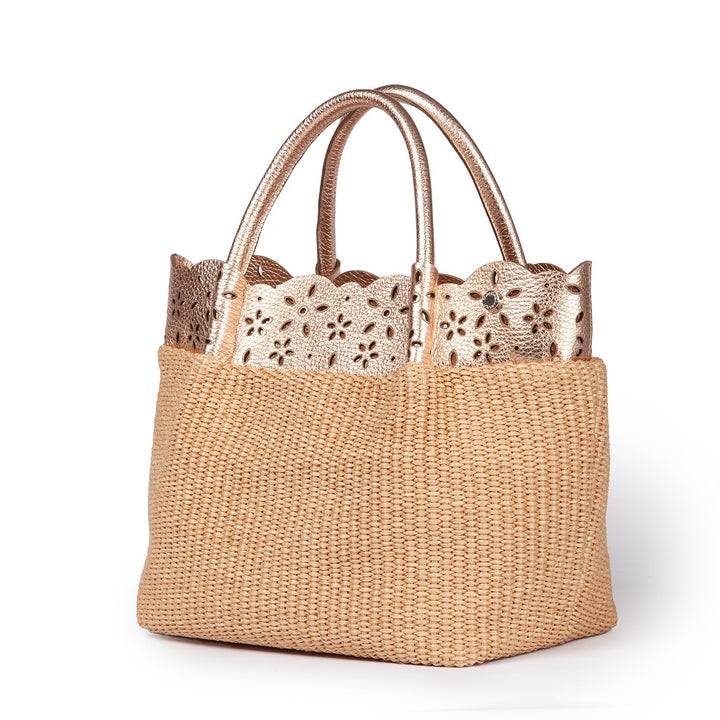 Roberta Gandolfi Diletta Handbag in rafia con balza in pelle laserata con tracolla staccabile Sconto