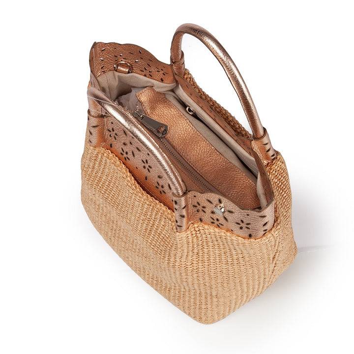 Roberta Gandolfi Diletta Handbag in rafia con balza in pelle laserata con tracolla staccabile Sconto