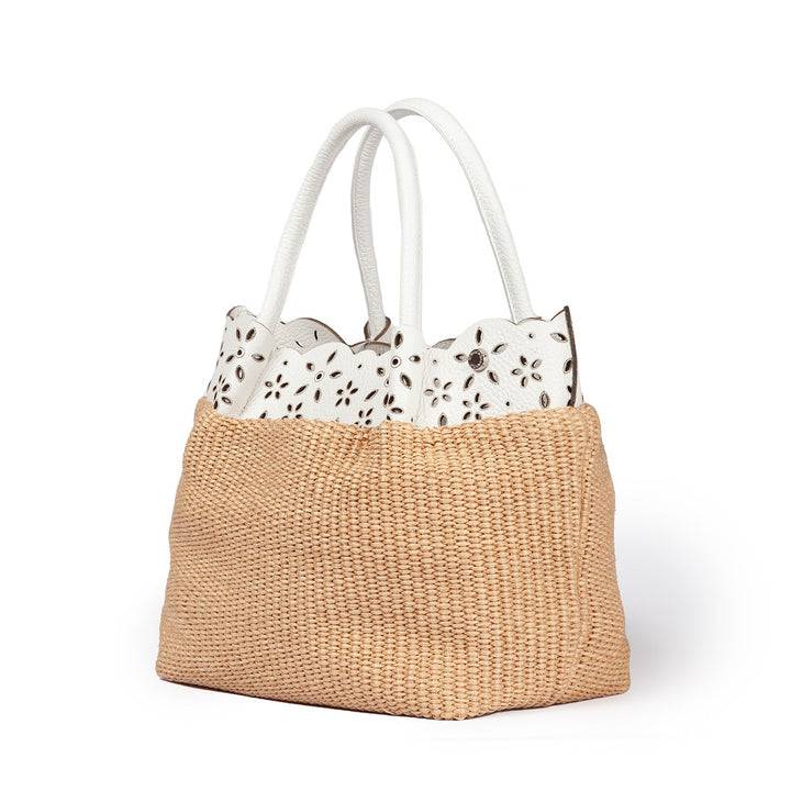 Roberta Gandolfi Diletta Handbag in rafia con balza in pelle laserata con tracolla staccabile Offerta